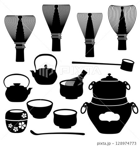 茶道具をシンプルなシルエットで描いた素材集, 128974773