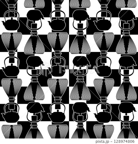 シンプルに描かれた茶道具のモダンな柄, シンプルに描かれた茶道具のモダンな柄, 128974806