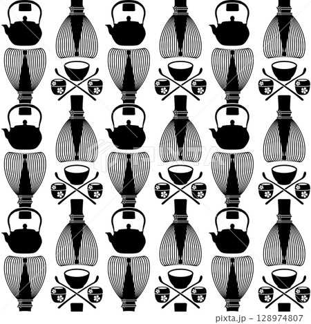 シンプルに描かれた茶道具のモダンな柄, 128974807