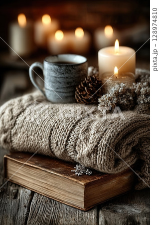 Cozy Evening with Candles and Book 128974810