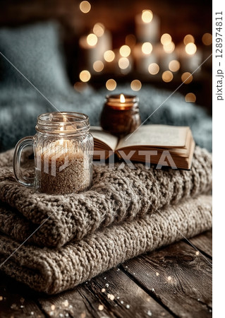Cozy Evening with Candles and Book 128974811