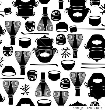 シンプルに描かれた茶道具のモダンな柄, 128974834
