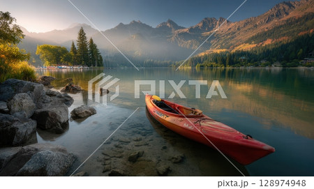 Calm lake at sunrise mountain landscape Calm lake at sunrise mountain landscape 128974948