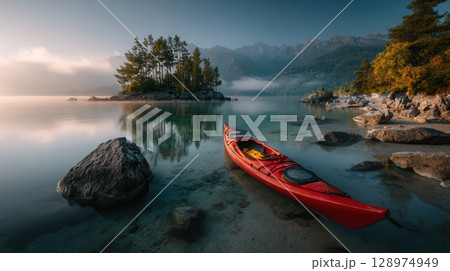 Calm lake at sunrise mountain landscape 128974949