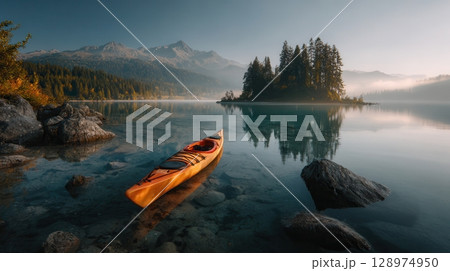 Calm lake at sunrise mountain landscape Calm lake at sunrise mountain landscape 128974950