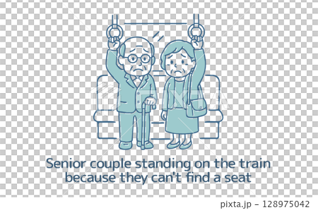 A senior couple with troubled faces standing on the train because they can't find a seat A senior couple with troubled faces standing on the train because they can't find a seat 128975042