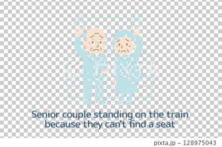 A senior couple with troubled faces standing on the train because they can't find a seat A senior couple with troubled faces standing on the train because they can't find a seat 128975043