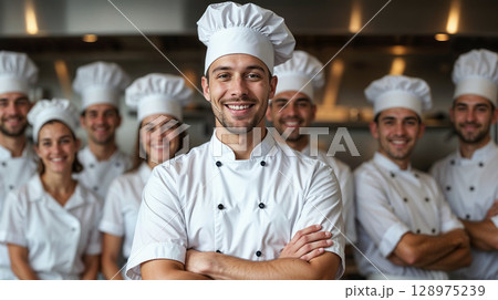Professional chef standing proudly with his diverse team of kitchen staff and assistants in a modern commercial restaurant kitchen 128975239
