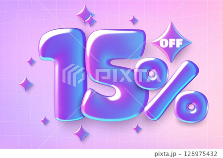 15 percent off sale banner with purple holographic 3d number fifteen and stars on gradient background 15 percent off sale banner with purple holographic 3d number fifteen and stars on gradient background 128975432