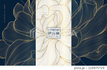 Vector set of flower gold pattern labels, vintage border design, petals abstract texture. Fancy art deco wine design label, wedding cards wallpaper, spa, royal ornament. 128975729
