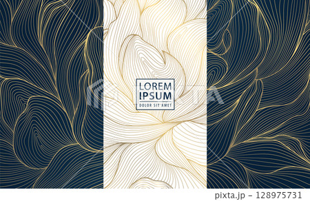 Vector set of flower gold pattern labels, vintage border design, petals abstract texture. Fancy art deco wine design label, wedding cards wallpaper, spa, royal ornament. 128975731
