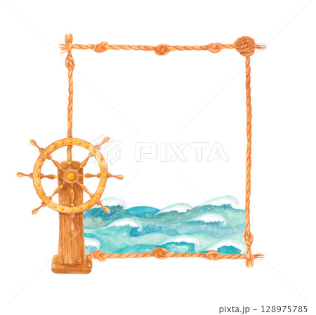 Watercolor nautical rope frame with ship wheel and sea waves. Square nautical clipart border. Watercolor nautical rope frame with ship wheel and sea waves. Square nautical clipart border. 128975785