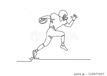 Continuous one line drawing young agile American football player run fast. Sport attack. Professional sportsman career. Action, motion, competition. Single line draw design vector graphic illustration 128975947