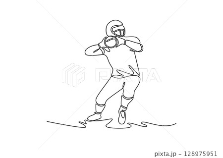 Continuous one line drawing American football player throwing a ball. Professional athlete plays successful pass with teammates during championship. Single line draw design vector graphic illustration 128975951