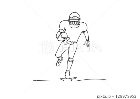Continuous one line drawing attractive American football player in uniform and protective helmet running toward goal line. Sport, team, competition. Single line draw design vector graphic illustration Continuous one line drawing attractive American football player in uniform and protective helmet running toward goal line. Sport, team, competition. Single line draw design vector graphic illustration 128975952
