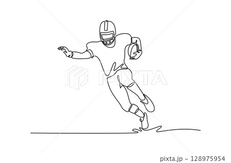 Continuous one line drawing young agile american football player running fast toward goal line. Sportsman in action. Sport, competition, tournament. Single line draw design vector graphic illustration Continuous one line drawing young agile american football player running fast toward goal line. Sportsman in action. Sport, competition, tournament. Single line draw design vector graphic illustration 128975954