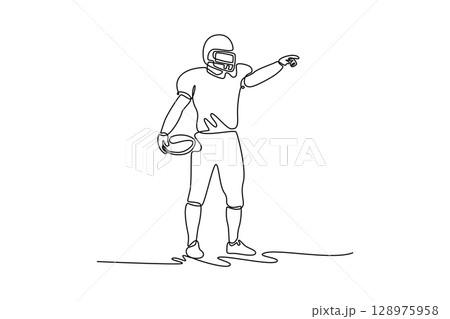 Single continuous line drawing American football player holding the ball in his hand and pointing somewhere. Enjoy the match. Sports, emotion, victory. One line draw graphic design vector illustration Single continuous line drawing American football player holding the ball in his hand and pointing somewhere. Enjoy the match. Sports, emotion, victory. One line draw graphic design vector illustration 128975958