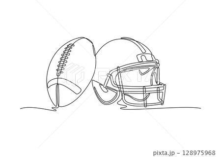 Single continuous line drawing leather American football ball and protective helmet isolated on white background. Sports equipment for the match day. One line draw graphic design vector illustration Single continuous line drawing leather American football ball and protective helmet isolated on white background. Sports equipment for the match day. One line draw graphic design vector illustration 128975968