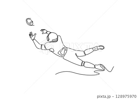 Single one line drawing back view American football player in motion catching ball. Professional career of sport male person. Health, action, motion. Continuous line design graphic vector illustration Single one line drawing back view American football player in motion catching ball. Professional career of sport male person. Health, action, motion. Continuous line design graphic vector illustration 128975970