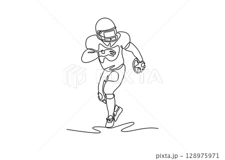 Single one line drawing professional american football player in motion with ball on sports arena. Health, action, motion, competition. Modern continuous line draw design graphic vector illustration 128975971