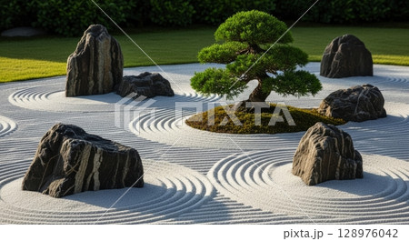 Traditional japanese zen rock garden with raked white sand, large stones, and a bonsai tree 128976042