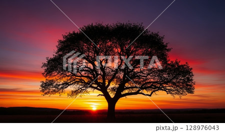 Majestic tree silhouette against a vibrant sunset sky with golden orange and purple hues 128976043