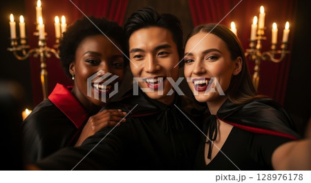 Joyful multiethnic friends dressed as vampires taking a fun selfie at a halloween party 128976178