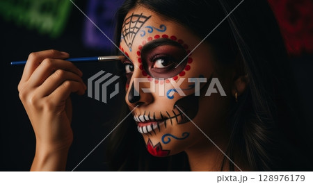 Young woman applying colorful sugar skull makeup for dia de los muertos celebration 128976179