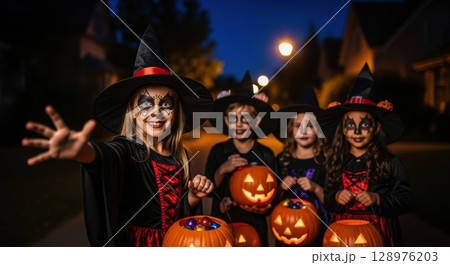 Smiling children in halloween witch costumes with face paint holding pumpkin buckets at night Smiling children in halloween witch costumes with face paint holding pumpkin buckets at night 128976203