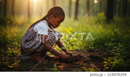 Young girl planting a tree in a sunlit forest, promoting environmental sustainability and growth. 128976204