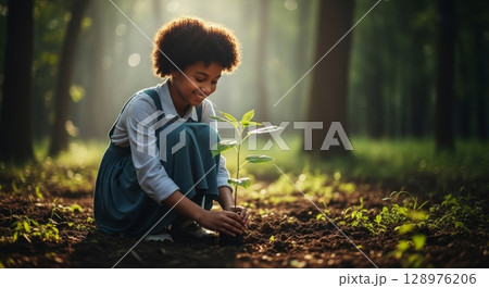 Young girl planting a tree sapling in a sunlit forest, promoting environmental conservation 128976206