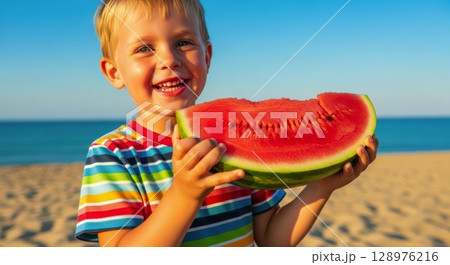 Joyful young boy with wide smile holding fresh watermelon on a sunny summer beach 128976216