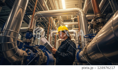 Professional female engineer in yellow hard hat examining schematics in industrial plant 128976217