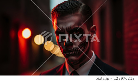 Elegant man with skull face paint and slicked hair in a dark red urban night 128976218