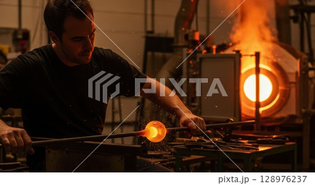 Artisan glassblower shaping glowing molten glass on a punty rod in a traditional workshop. 128976237