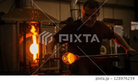 Skilled craftsman shaping glowing molten glass in a hot furnace workshop 128976239
