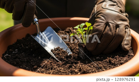 Gardener hands planting a small green seedling into rich soil in a terracotta pot Gardener hands planting a small green seedling into rich soil in a terracotta pot 128976291
