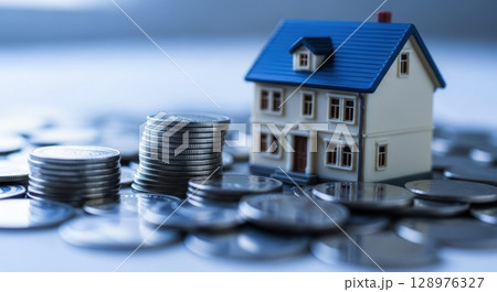 Miniature house model with blue roof and stacks of silver coins for home finance and investment. 128976327