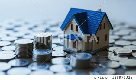 Miniature house model with blue roof surrounded by silver coins, symbolizing real estate investment and savings. 128976328