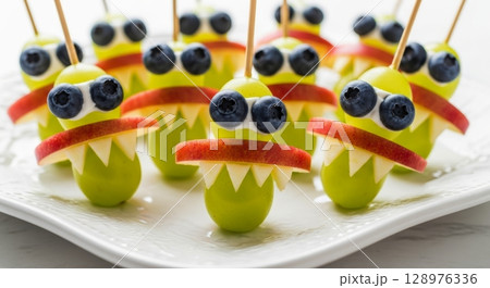Whimsical monster fruit skewers with grapes, blueberries, and apple slices for kids party 128976336