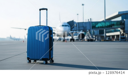 Bright blue hardshell carry on suitcase standing on airport tarmac with airplane and jet bridge 128976414