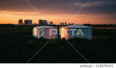 Large white industrial storage tanks at sunset with distant factory buildings 128976451