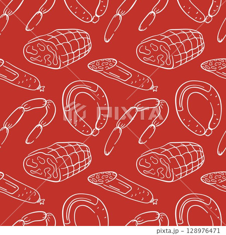 Seamless line art style pattern with sausage and ham. Perfect for butcher shop packaging, kitchen decor, menu or traditional meat cuisine design on red background. 128976471