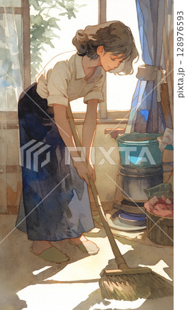 木製の床に映るやわらかな陽光、女性が箒で掃除する水彩画の情景、昼食準備の合間に見せる懐かしい家庭 128976593