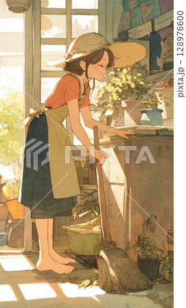生活感あふれる昭和の家屋で、光と影が交差する中、女性が箒で床を掃く水彩風イラスト 生活感あふれる昭和の家屋で、光と影が交差する中、女性が箒で床を掃く水彩風イラスト 128976600