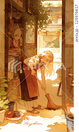 食卓に陽光が差し込む昼前の部屋で、女性が箒を動かす穏やかな掃除風景、水彩で描かれた心和む懐かしい日常 食卓に陽光が差し込む昼前の部屋で、女性が箒を動かす穏やかな掃除風景、水彩で描かれた心和む懐かしい日常 128976617