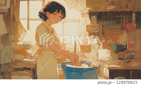 食卓に陽光が差し込む昼前の部屋で、女性が箒を動かす穏やかな掃除風景、水彩で描かれた心和む懐かしい日常 128976625
