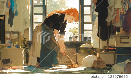 食卓に陽光が差し込む昼前の部屋で、女性が箒を動かす穏やかな掃除風景、水彩で描かれた心和む懐かしい日常 128976626