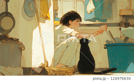 木漏れ日のような優しい光に包まれて、女性が静かに部屋を掃除する水彩タッチのイラスト、懐かしい日常 128976630