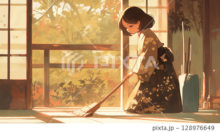 生活感あふれる昭和の家屋で、光と影が交差する中、女性が箒で床を掃く水彩風イラスト 128976649